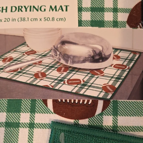 (J61) Football Themed Dish Drying Mat - Green and Brown - Picture 3 of 5